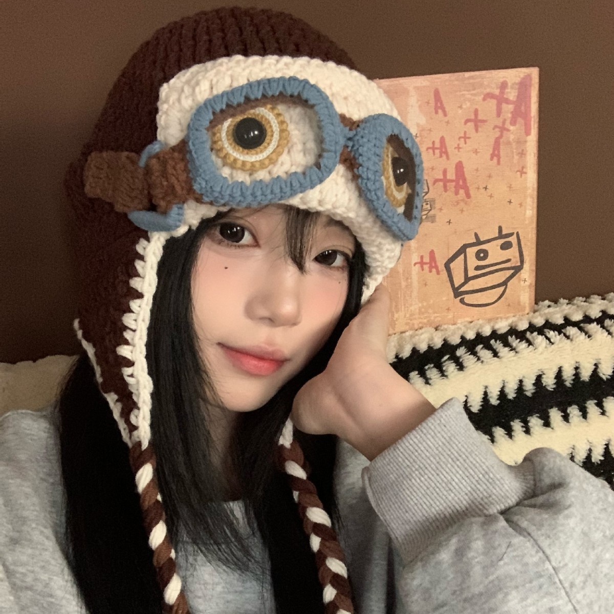 日本品质韩版可爱潮流飞行员针织帽子女秋冬搞怪保暖护耳雷锋帽百