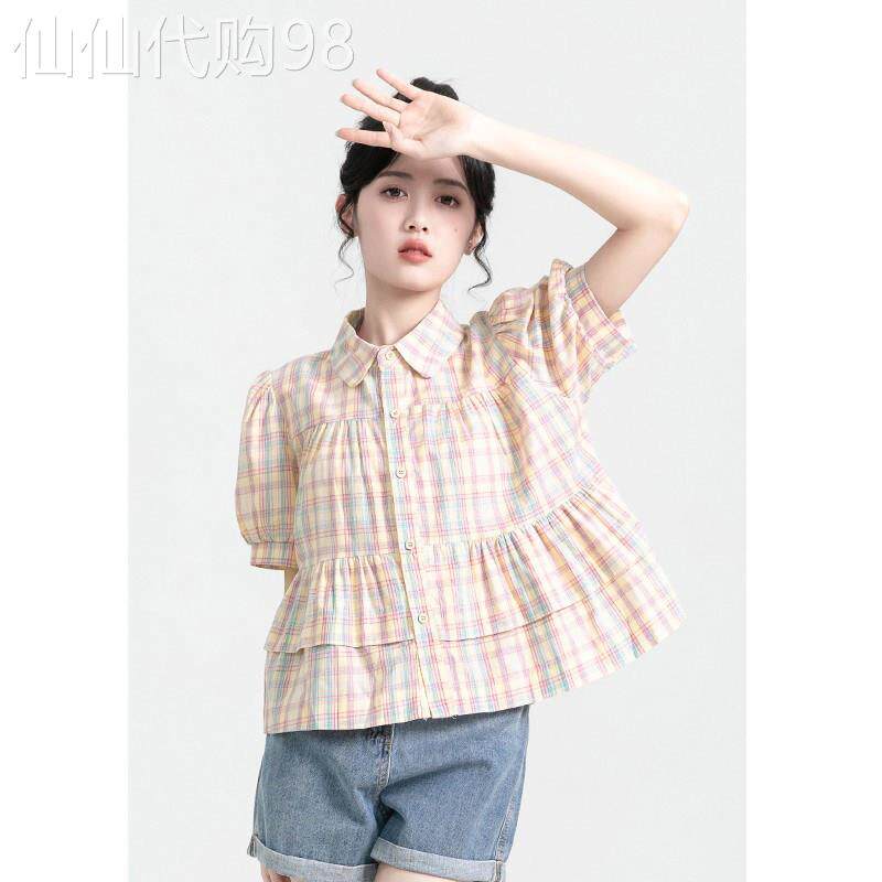 POLO领彩色格子泡泡短袖衬衫女2026夏季新款小个子甜美娃娃衫上衣