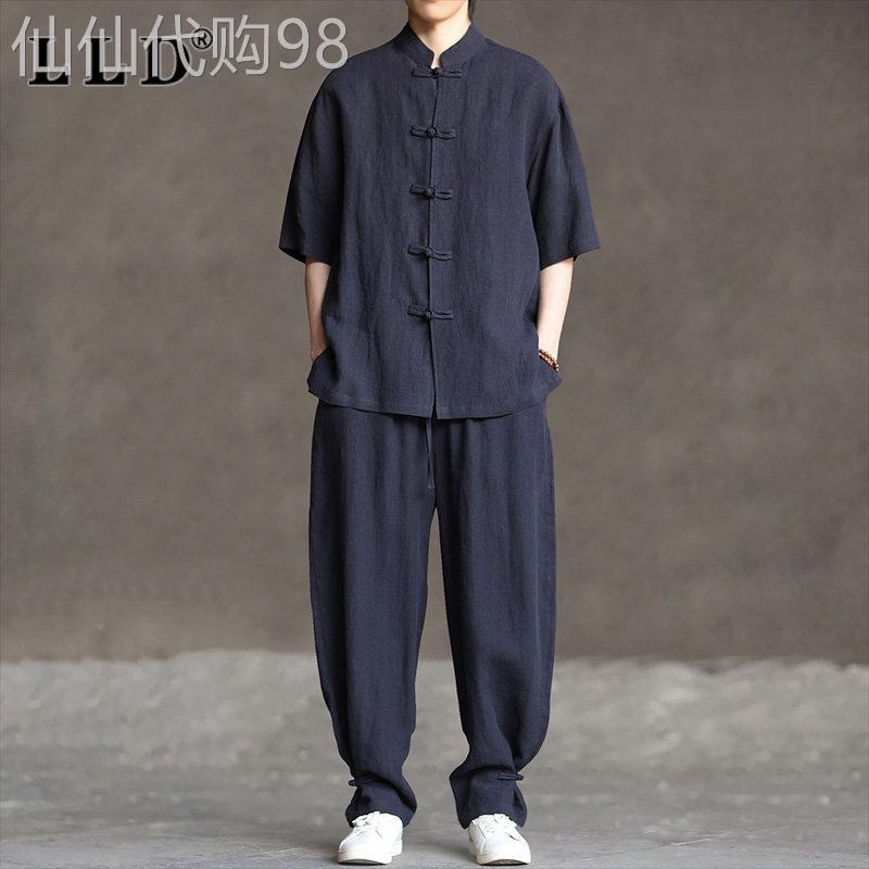 高端新中式亚麻套装男士夏季2026新款透气立领短袖长裤男款两件套