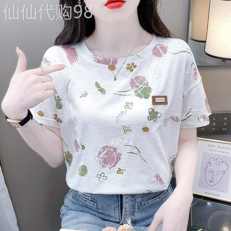 韩国夏季爆款圆领印花短袖T恤女欧货洋派立体花朵百搭T恤上衣服