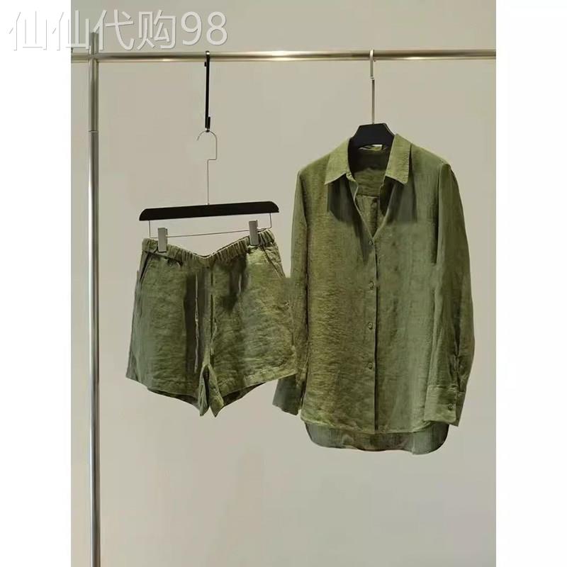高端绿色亚麻老钱风套装男2026夏季情侣款防晒衬衫短裤夏装两件套