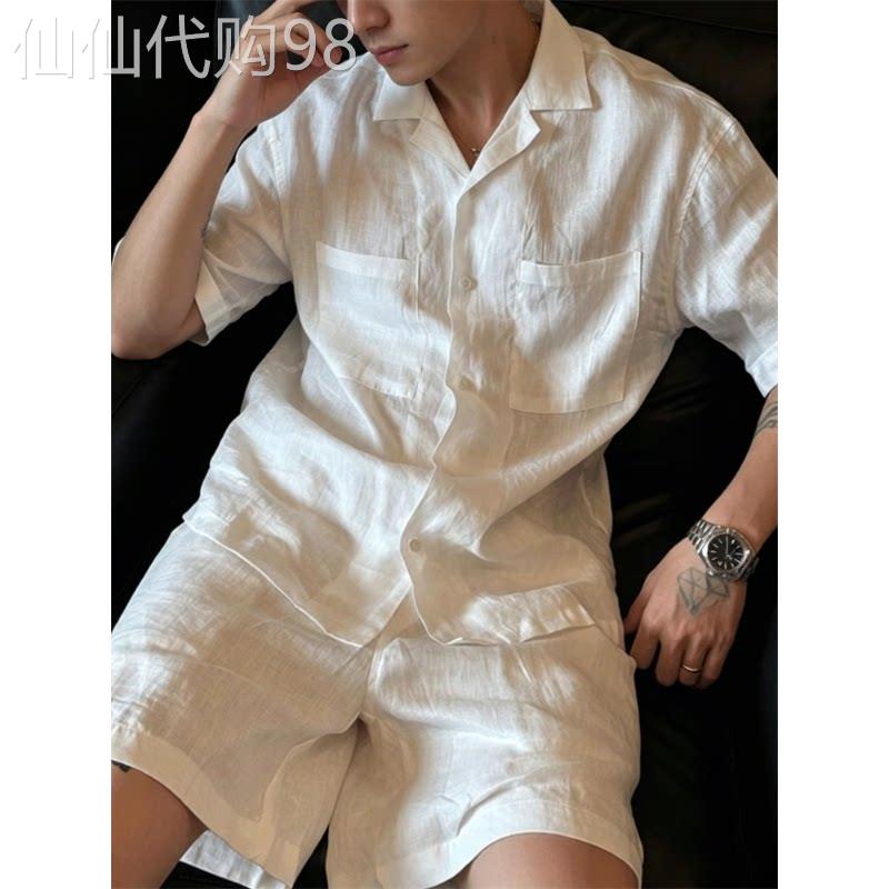 轻熟风极简白色亚麻男士套装透气休闲穿搭衬衫短裤老钱风一整套