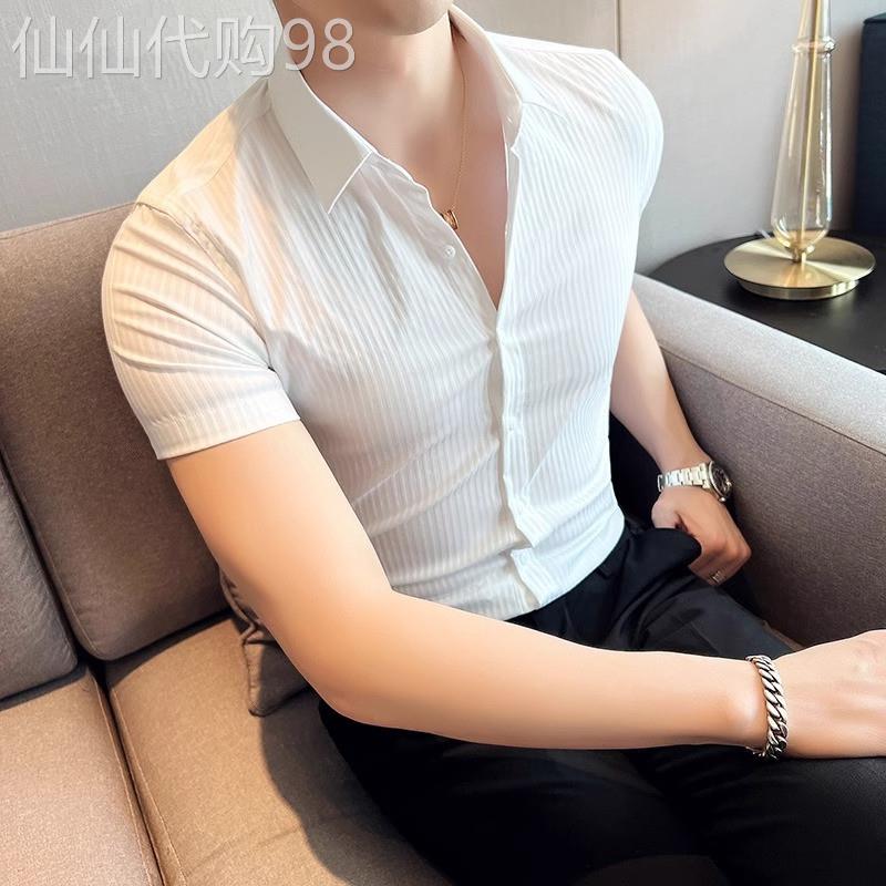 LL男装衬衫男短袖夏季薄款高级感条纹男士半袖衬衣潮流修身痞帅