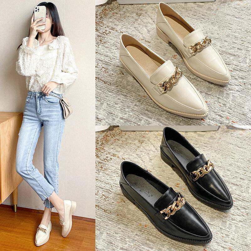 潮牌白色乐福鞋女英伦风平底春秋尖头小皮鞋2024新款厚底薄款单鞋