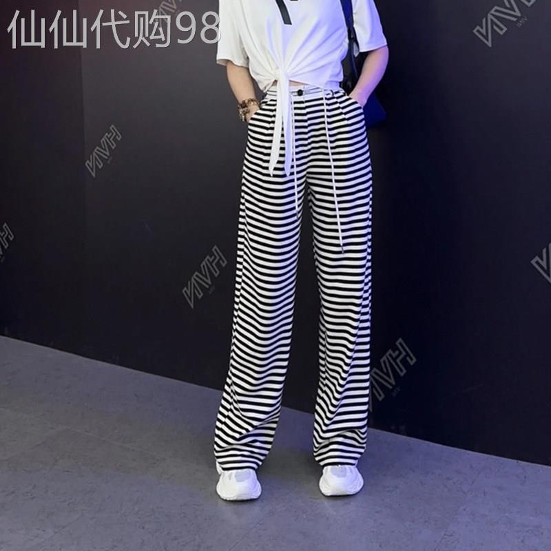 窄版黑白条纹裤女夏季新款欧洲站时尚直筒裤显瘦运动休闲 宽裤子