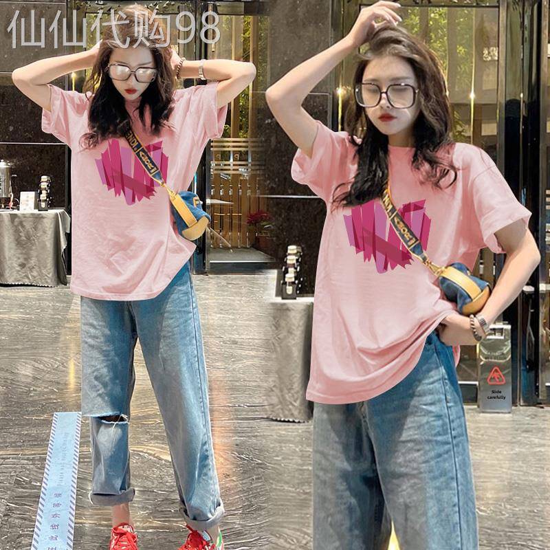 粉色纯棉短袖t恤女2025夏季新款欧货宽松中长款圆领印花体恤上衣