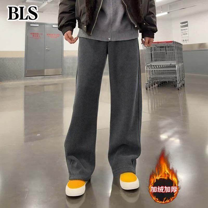 高端深灰色人字纹卫裤男款2025新款冬季加绒加厚弯刀运动休闲长裤