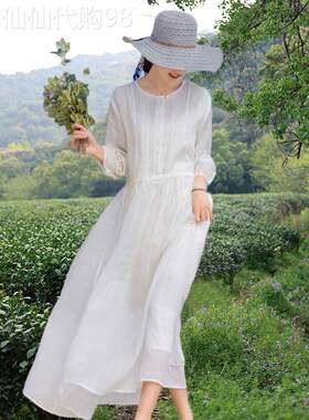 2025新款夏女白色苎麻连衣裙高级感海边度假飘逸仙气沙滩大摆长裙