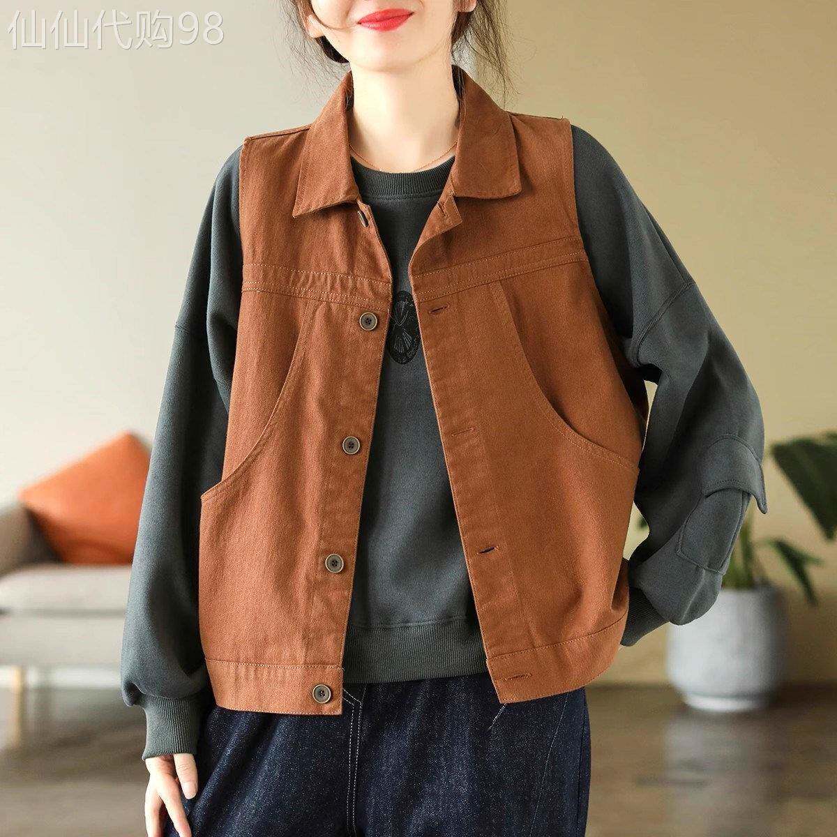 休闲翻领马甲外套女春秋装新款时尚百搭女士工装坎肩背心马夹上衣