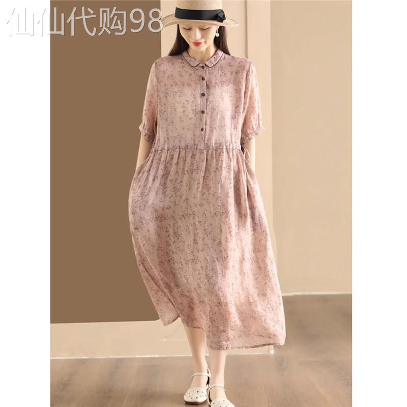 夏季薄款复古碎花苎麻短袖连衣裙女2025新款裙子休闲高腰A字裙女