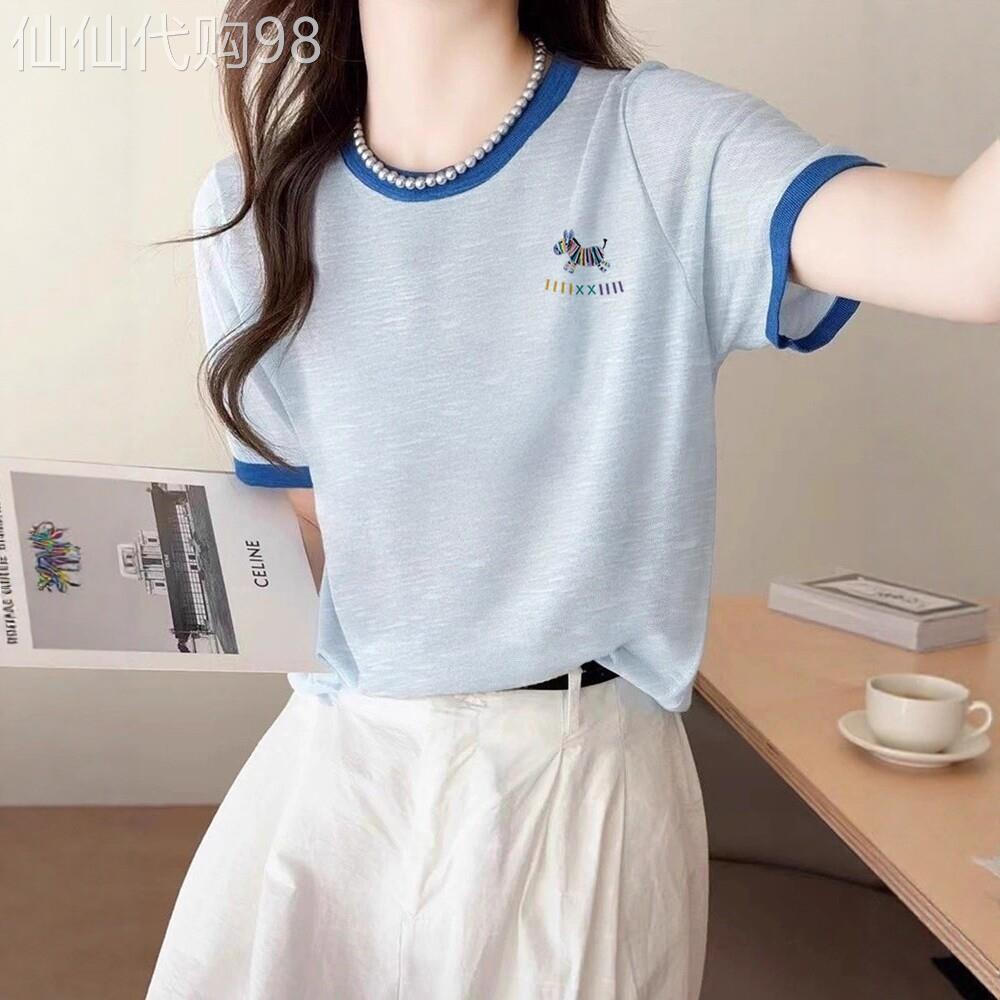 专柜蓝色雪花棉短袖t恤女夏季薄款韩系穿搭宽松慵懒撞色减龄上衣