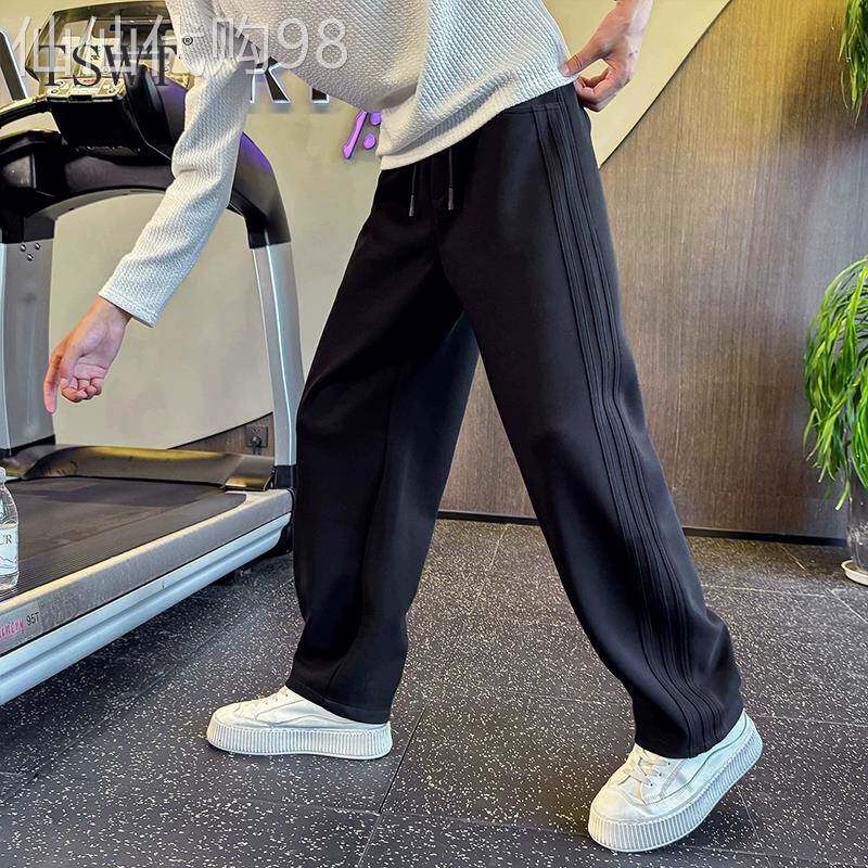 高端潮牌直筒裤男士秋冬新款条纹拼接宽松长裤系带运动休闲阔腿裤
