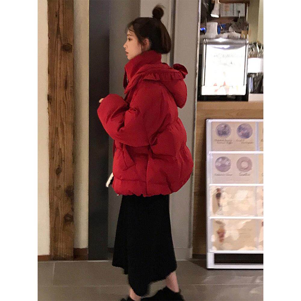 香港红色轻薄羽绒棉服女短款2024秋冬季小个子面包派克服棉衣外套