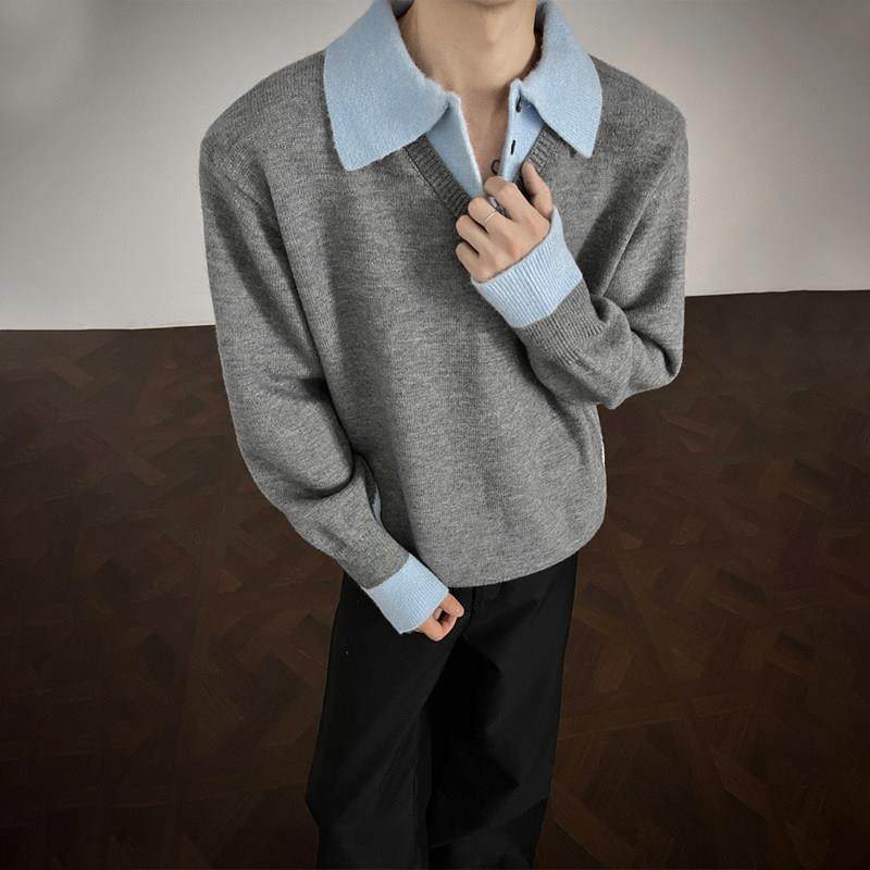 高级感男士假两件针织衫上衣2026年冬季新款男装加厚保暖毛衣内搭
