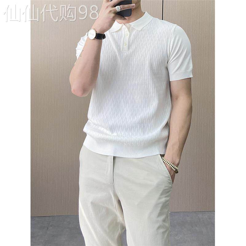 冰丝针织polo衫男士夏季薄款潮流翻领短袖T恤商务休闲修身上衣服