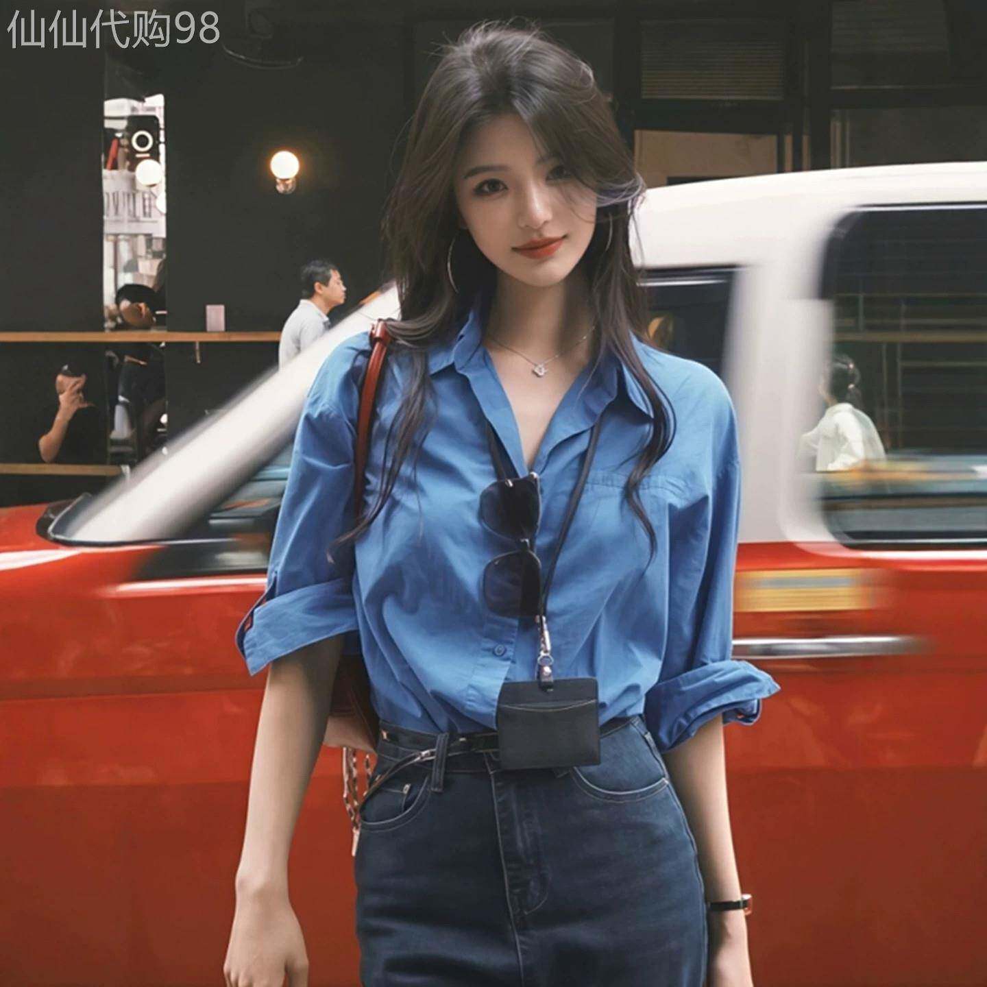 蓝色衬衫女长袖春秋季2026新款高级感减龄洋气小个子休闲衬衣上衣
