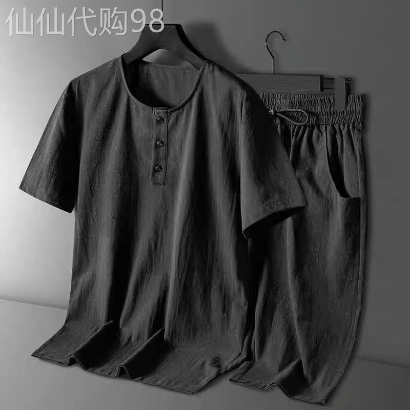 棉麻运动套装男士夏季钮扣T恤纯色短裤搭配一套设计感大尺码两件