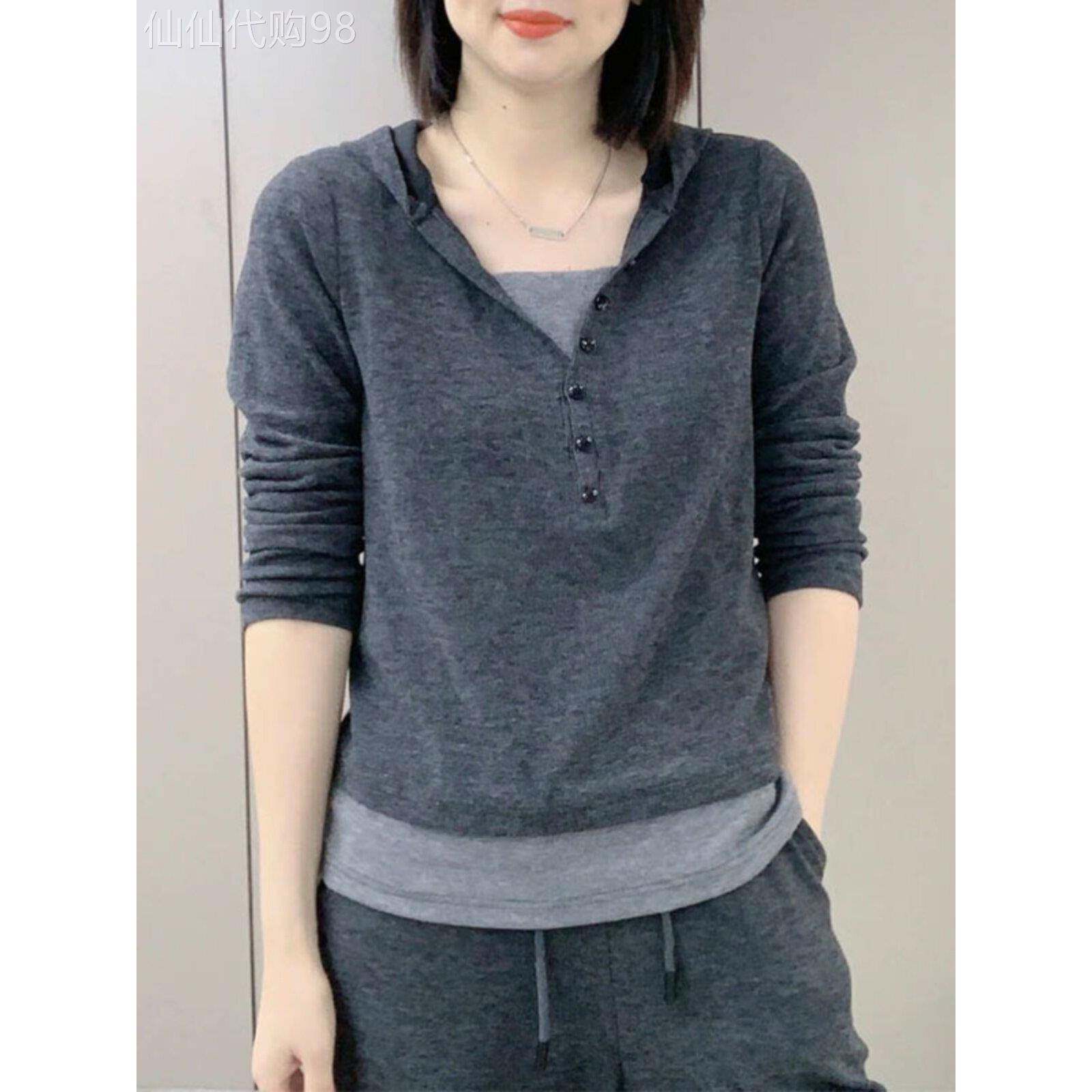 深灰色假两件连帽卫衣女春秋季欧货拼接V领休闲百搭显瘦长袖上衣