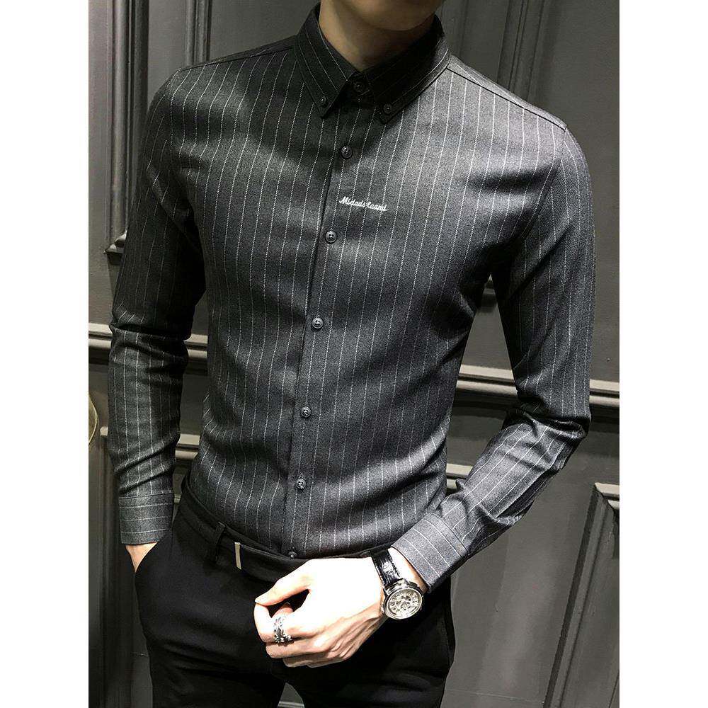 条纹衬衫男士秋冬季加绒加厚保暖修身长袖衬衣商务休闲高级感男装