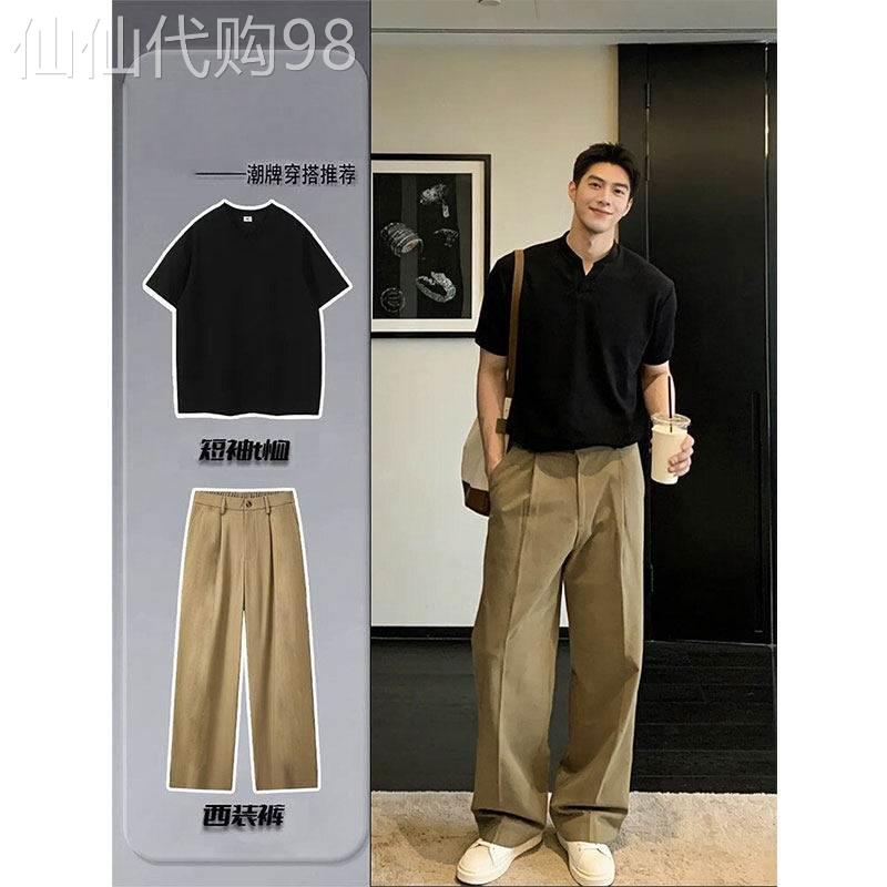 老钱风休闲套装男士夏季复古潮牌宽松短袖搭配阔腿裤子穿搭两件套