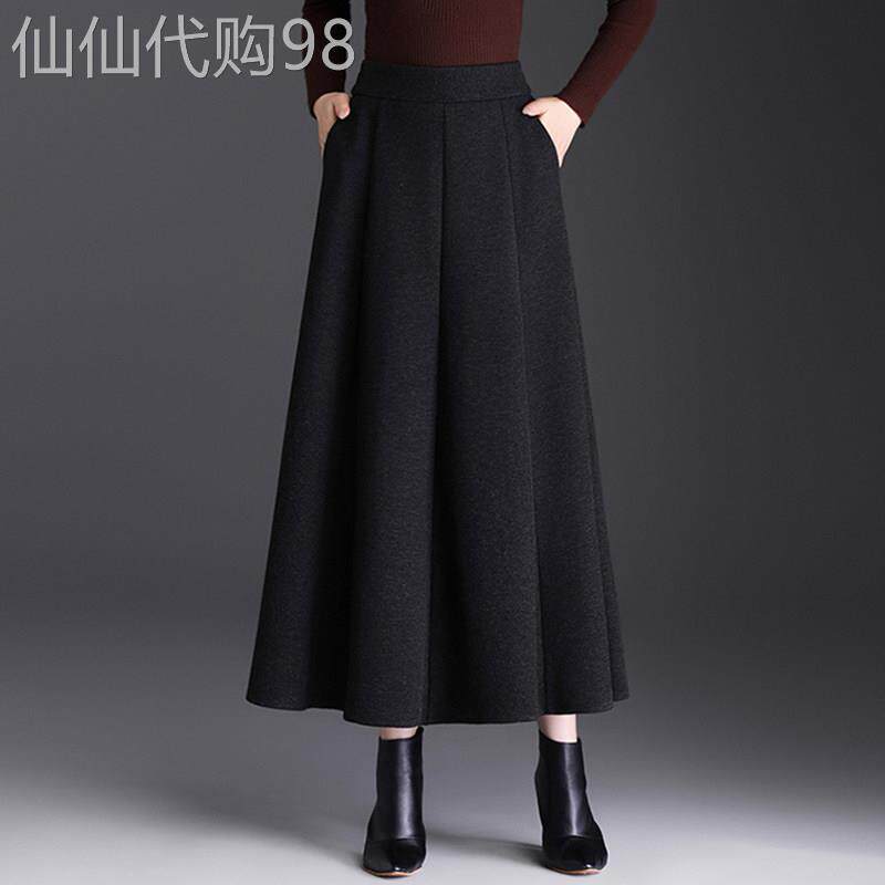 毛呢a字裙长款半身裙女2025秋冬款高腰显瘦遮胯垂感八片百褶伞裙