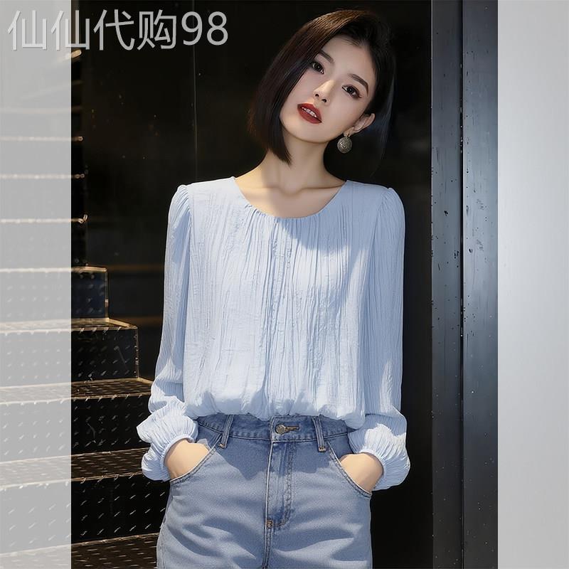 褶皱独特蓝色灯笼袖衬衫2026春季新款女优雅轻奢时尚上衣绝美小衫