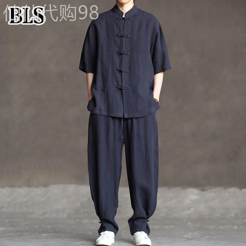 高端新中式亚麻唐装套装男士夏季2026新款盘扣立领透气宽松两件套
