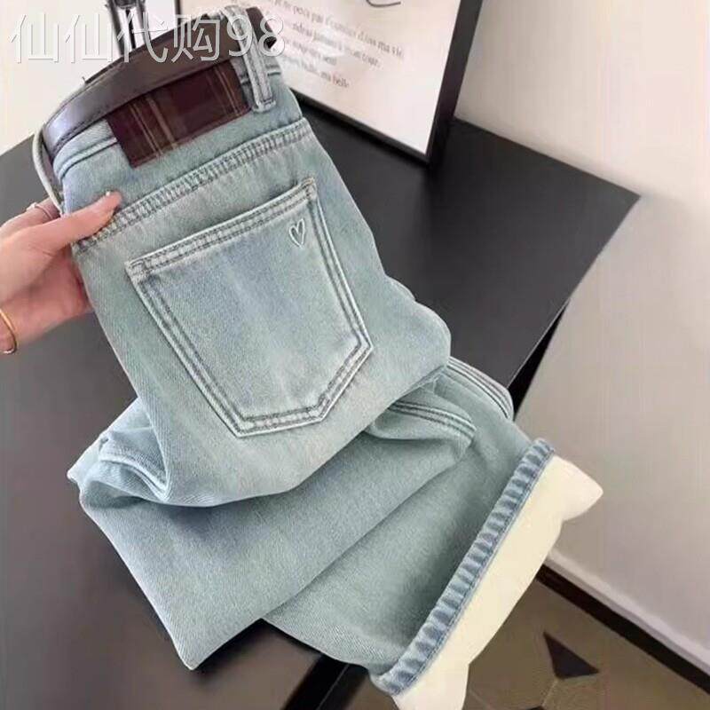 浅蓝色加绒直筒牛仔裤女秋冬加厚港风宽松高腰垂感显瘦阔腿长裤子