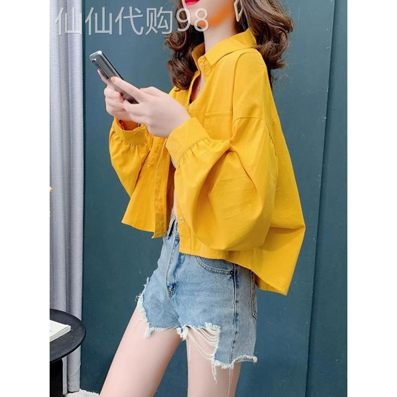 黄色polo领长袖衬衫女春秋欧货宽松短款衬衣外套防晒服开衫上衣