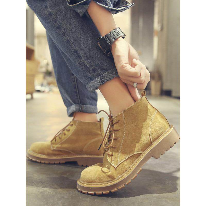 潮牌马丁靴男款秋冬季透气高帮加绒韩版男士工装鞋中帮真皮大黄靴