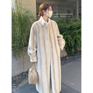 欧洲站中古十字貂皮草水貂绒立领加厚羊毛毛外套女过膝长款大衣