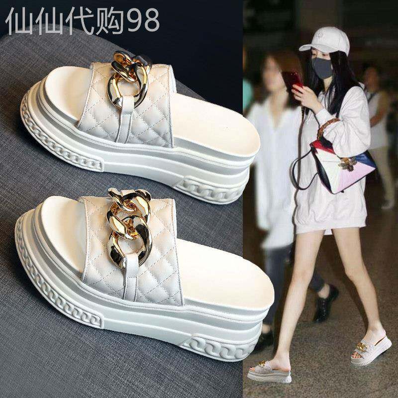 松糕底拖鞋女内7CM夏外穿时尚厚底一字拖坡跟休闲透气真皮凉拖女