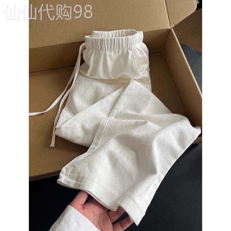白色亚麻裤子男夏季新款老钱风宽松凉感直筒裤透气速干棉麻休闲裤
