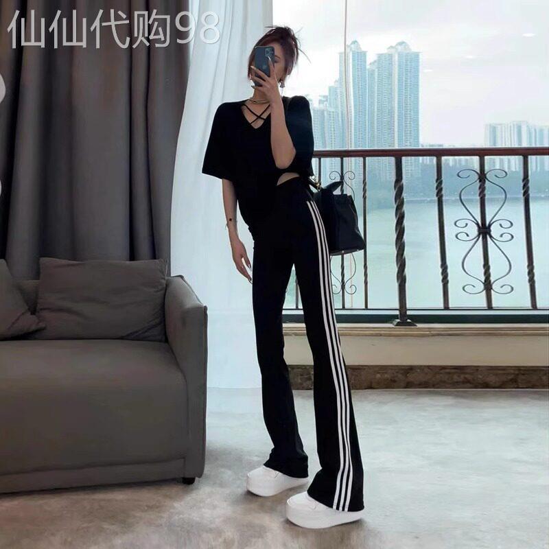 潮牌条纹微喇叭裤女三条杠夏季新款高腰显瘦垂感休闲运动瑜伽阔腿