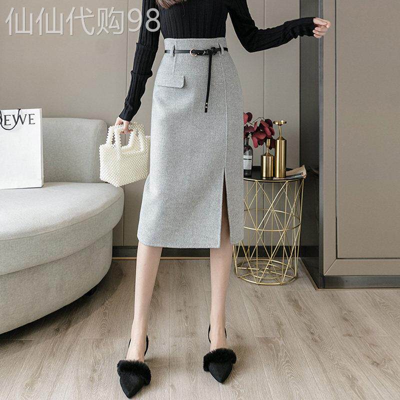 毛呢半身裙女春秋季2025新款高腰显瘦a字中长款开叉包臀一步裙子