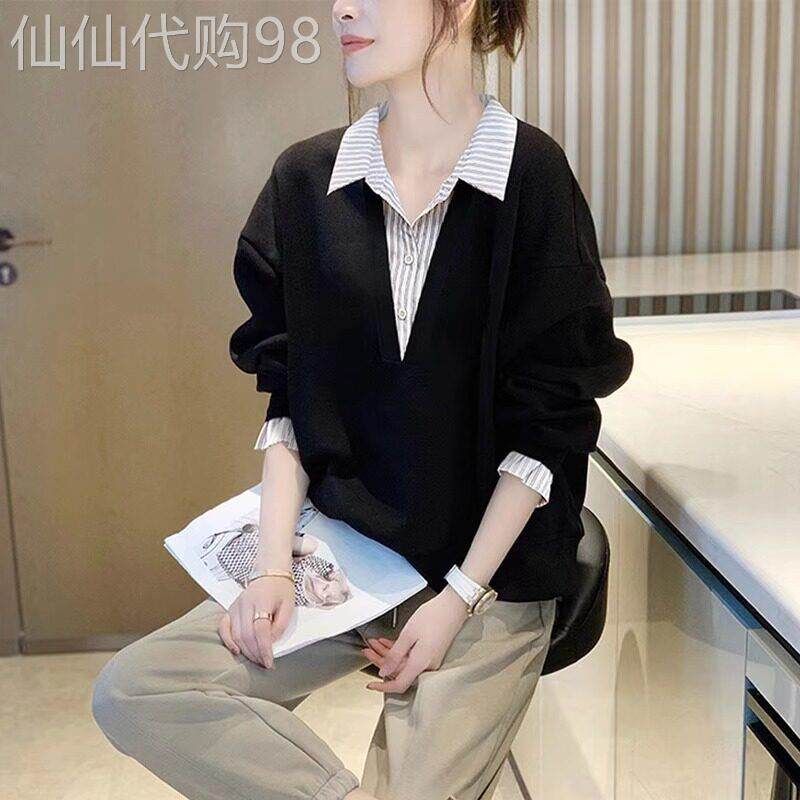 设计感假两件拼接卫衣衬衫女2026秋冬时尚新款气质高端条纹上衣女