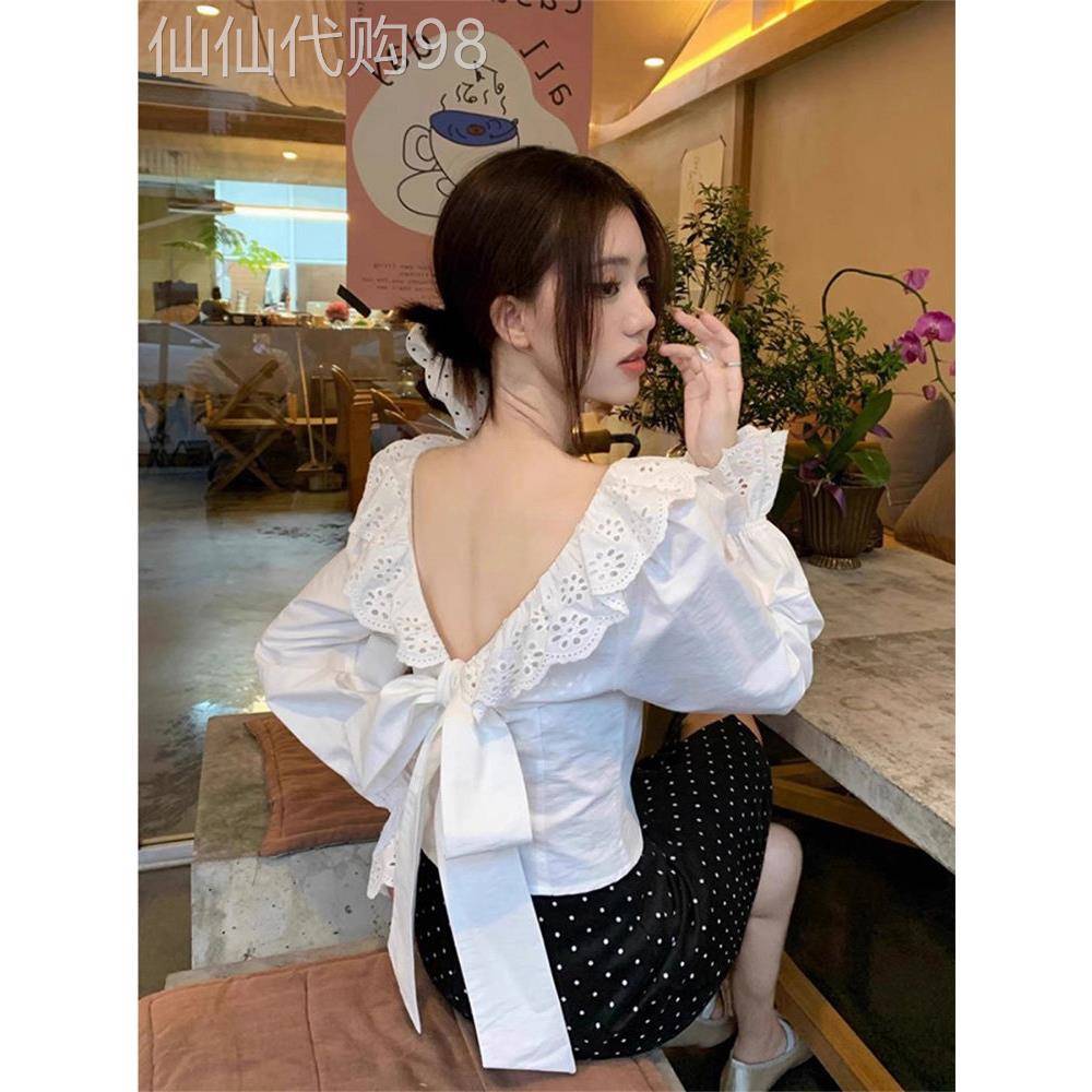 法式露背蝴蝶结白色衬衫女春季设计感荷叶边长袖衬衣别致短款上衣