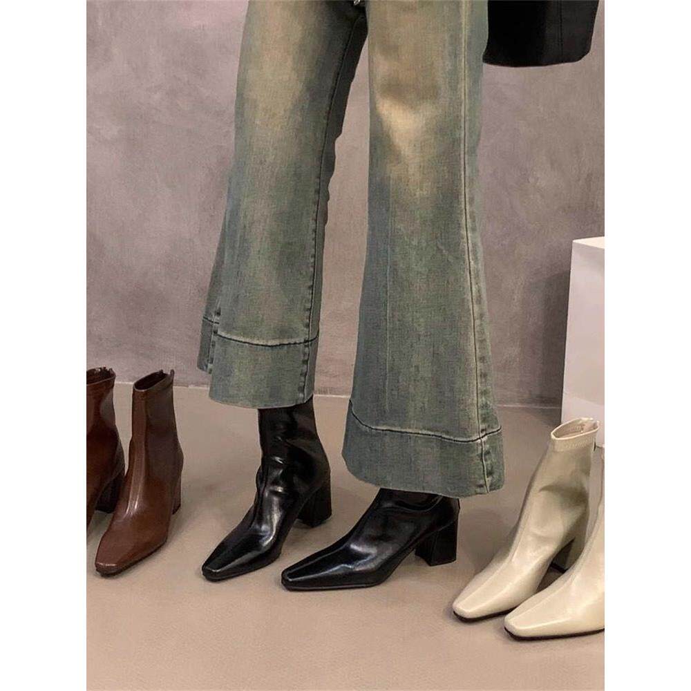 香港高跟方头棕色马丁靴女鞋2025新款冬季单靴配裙子小裸靴短靴子