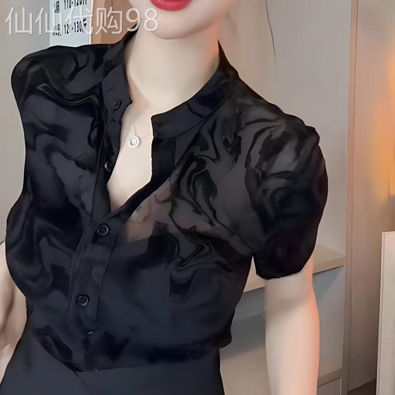 薄款微透镂空网纱甜辣风衬衫女2025夏季新款修身显瘦性感纯欲短袖