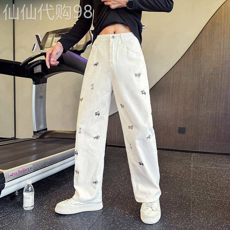 白色直筒牛仔裤男款春秋季潮流痞帅高级感宽松阔腿裤刺绣高街裤子