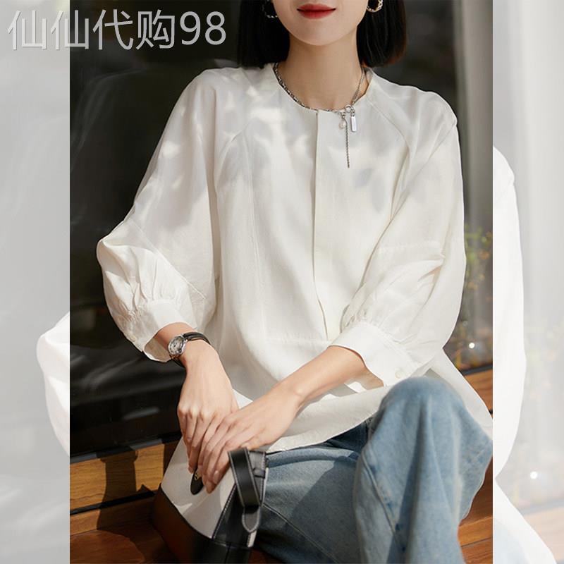 洋派时尚白色七分袖衬衫女春夏新款宽松显瘦减龄上衣法式高端小衫