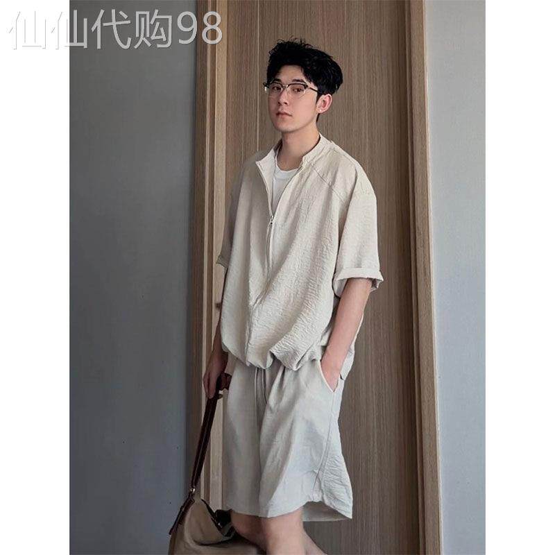 男款混纺夏季轻薄老钱风假两件懒人套装休闲时尚POLO短裤2026新款
