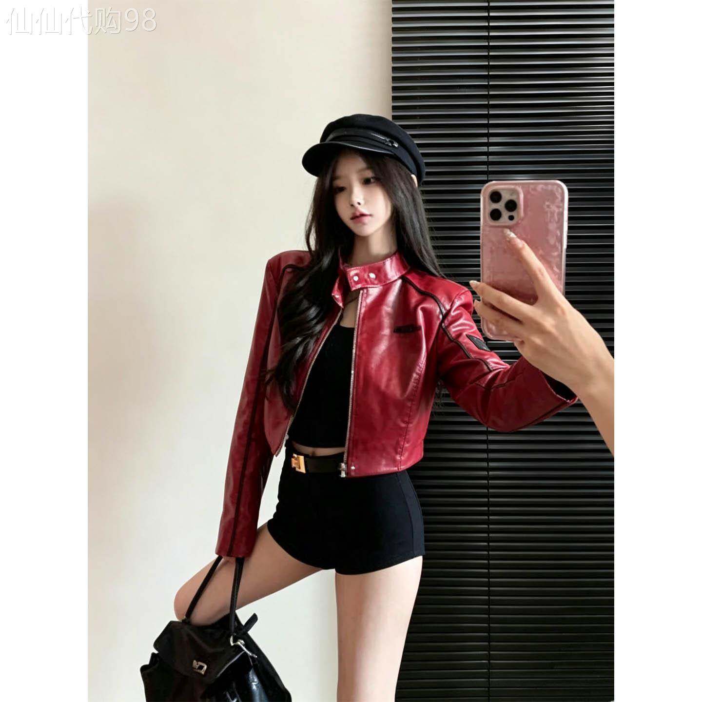 酒红色长袖短款皮衣外套女春秋欧货港风复古机车服拉链夹克上衣潮