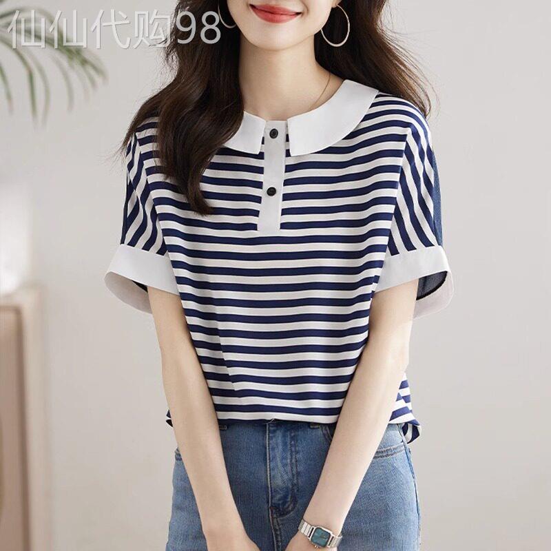 条纹t恤女短袖夏季薄款2026新款宽松气质显瘦娃娃领polo半袖上衣