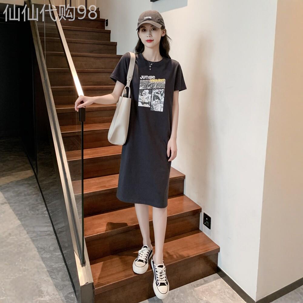 专柜法式黑色短袖T恤裙女春夏季高级感宽松休闲中长版开叉洋装