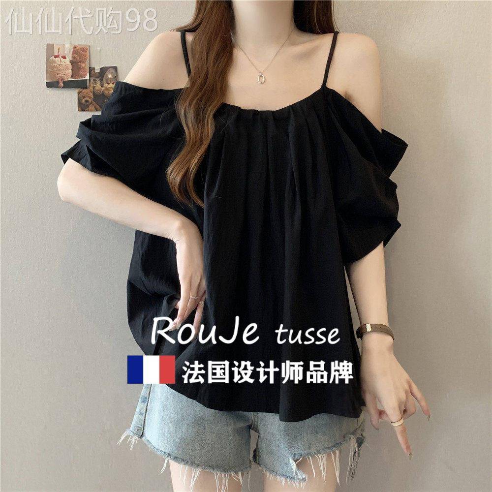 Rouje tusse大尺码女装吊带短袖露肩衬衫女夏季宽松显瘦泡泡袖上