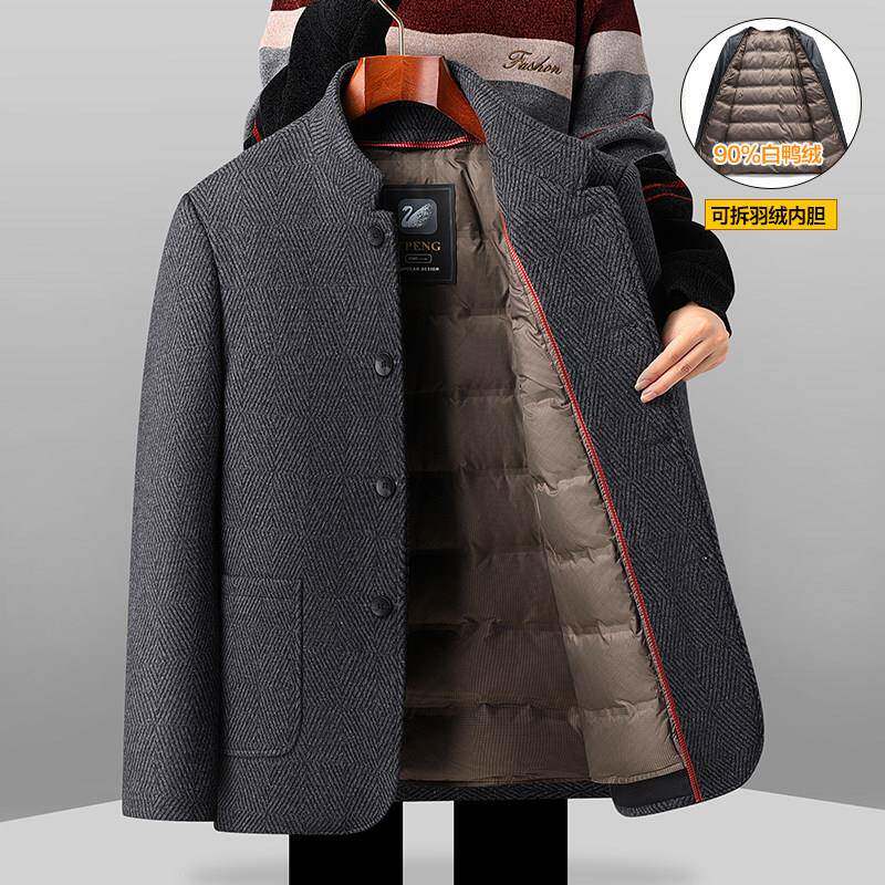 中老年人羊毛呢大衣中山装男士羽绒加厚可拆卸内胆爸爸冬装外套