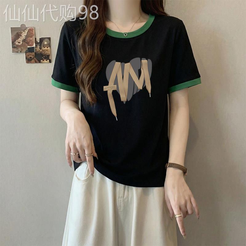 2026夏季新款韩国撞色拼接短袖t恤女时尚显瘦圆领印花纯棉上衣