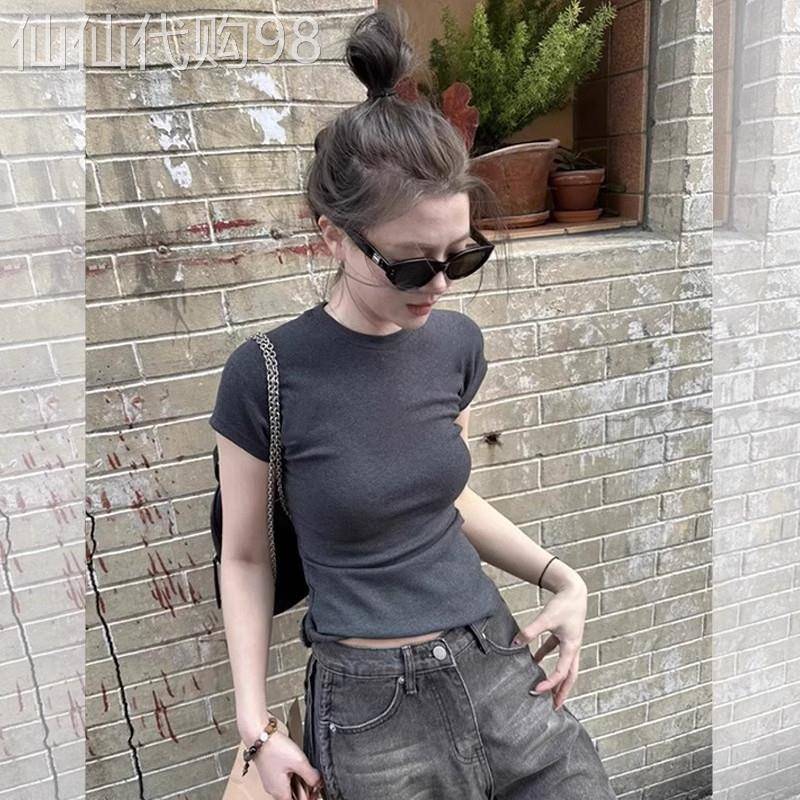 灰色正肩短袖T恤女2025年夏季新款简约修身显瘦纯色圆领T恤上衣