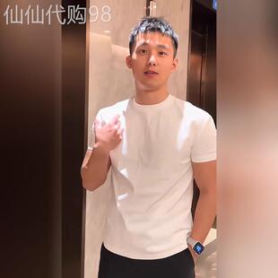 潮牌白色正肩短袖t恤男士2025新款夏季纯棉小领口修身T恤衫男款